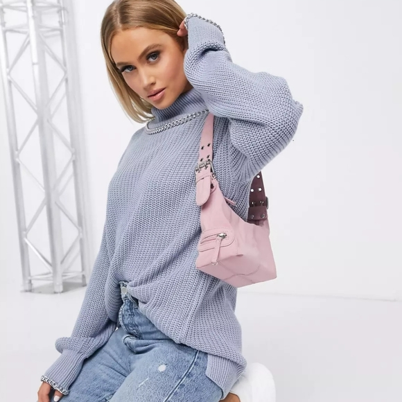 Missguided Powder Blue Mock Neck Knit Sweater with Chain Link Trim - Picture 13 of 13